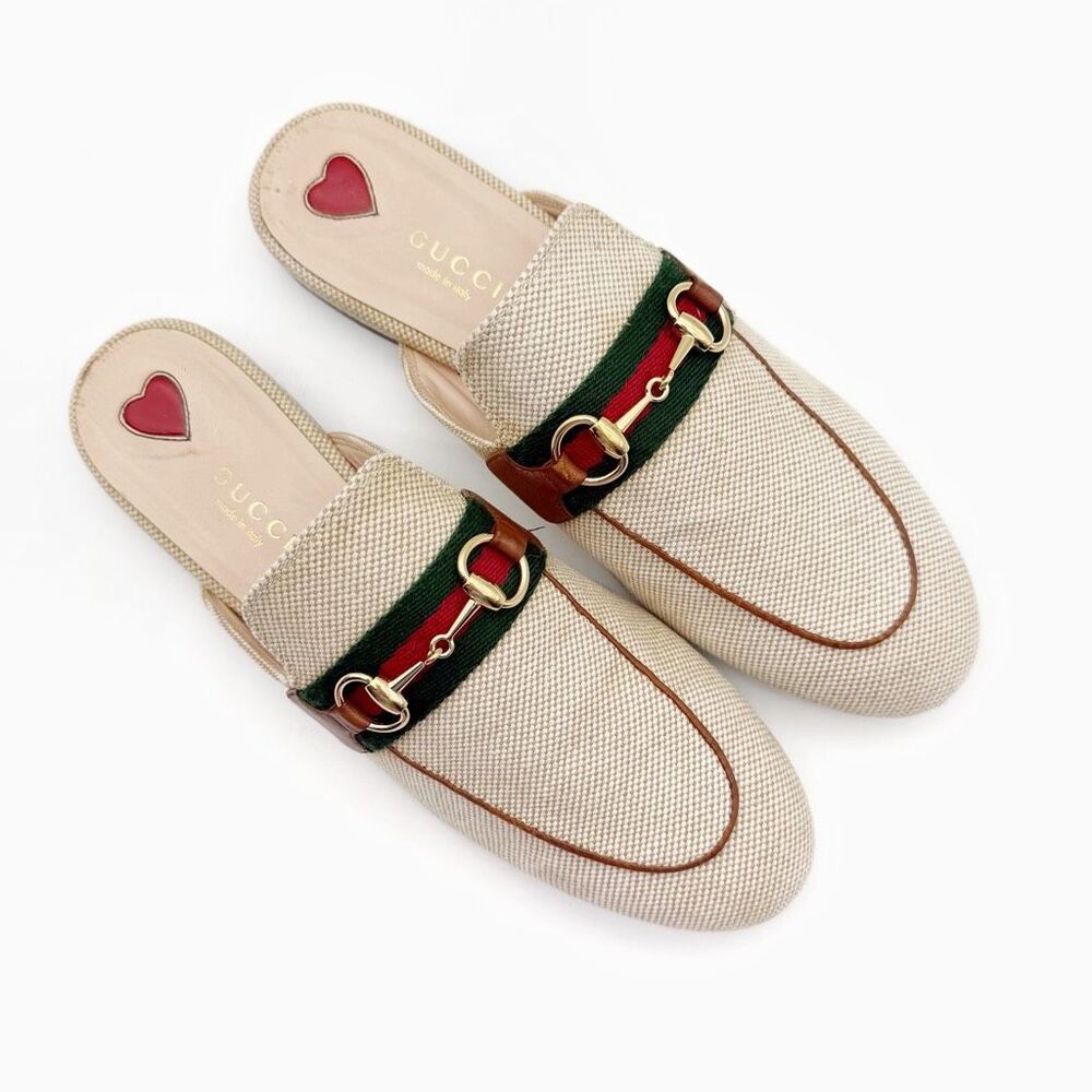 GUCCI Princetown Beige Canvas Mule Size 36.5 Horsebit Slip On Loafer Web Stripe - Picture 2 of 11